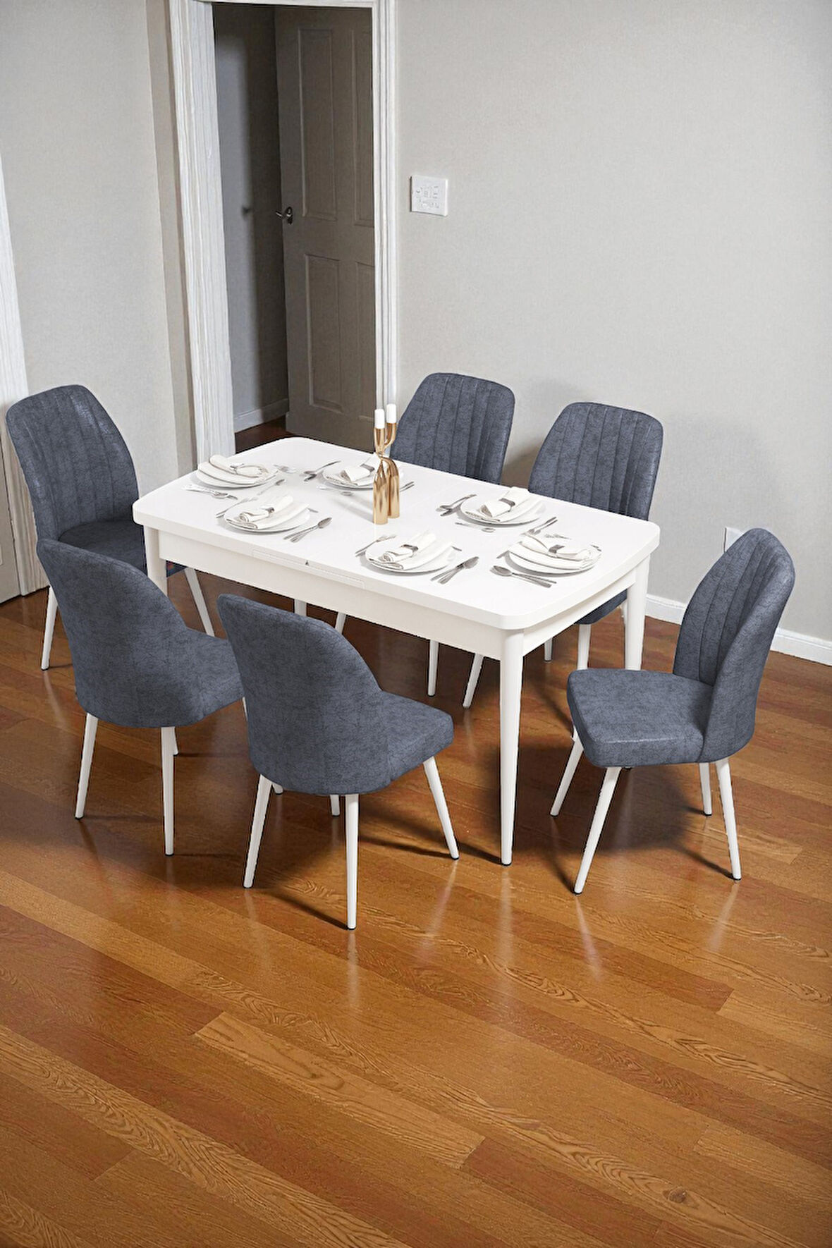 Bara Beyaz 80X132 Açılabilir Sunta Masa Yemek Odası Takımı, Mutfak Takımı 6 Adet Sandalye