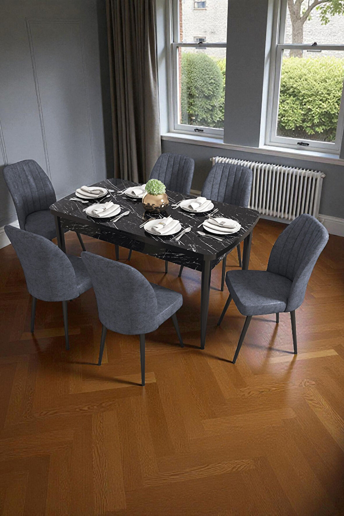 Bara Siyah Mermer 80X132 Açılabilir Sunta Masa Yemek Odası Takımı, Mutfak Takımı 6 Adet Sandalye