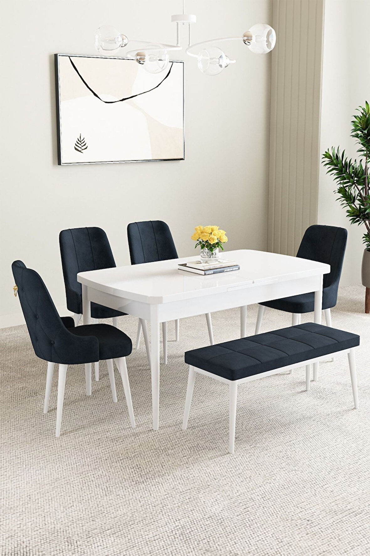 Clara Beyaz 80x132 Açılabilir Mdf Masa Yemek Odası Takımı,Mutfak Takımı 4 Sandalye 1 Bench