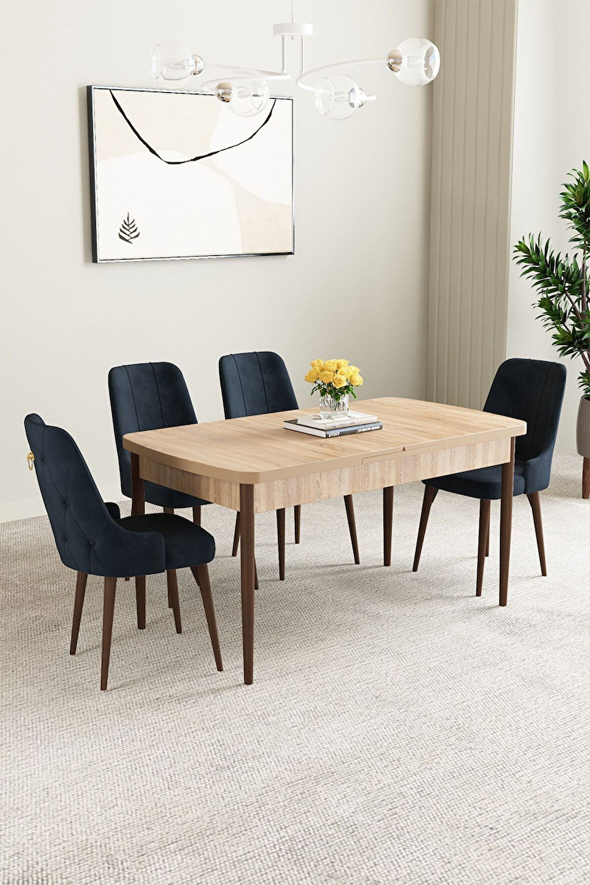 Clara Meşe Desen 80x132 Açılabilir Mdf Masa Yemek Odası Takımı,Mutfak Takımı 4 Adet Sandalye