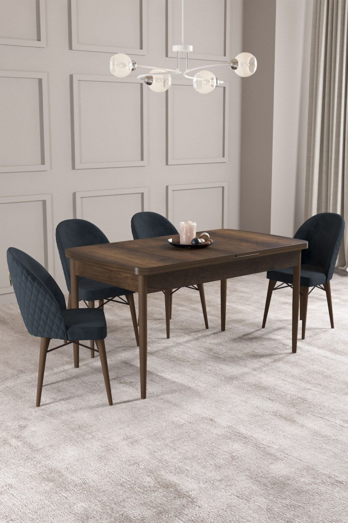 Calvin Barok Desen 80x132 Açılabilir Mdf Masa Yemek Odası Takımı, Mutfak Takımı 4 Adet Sandalye