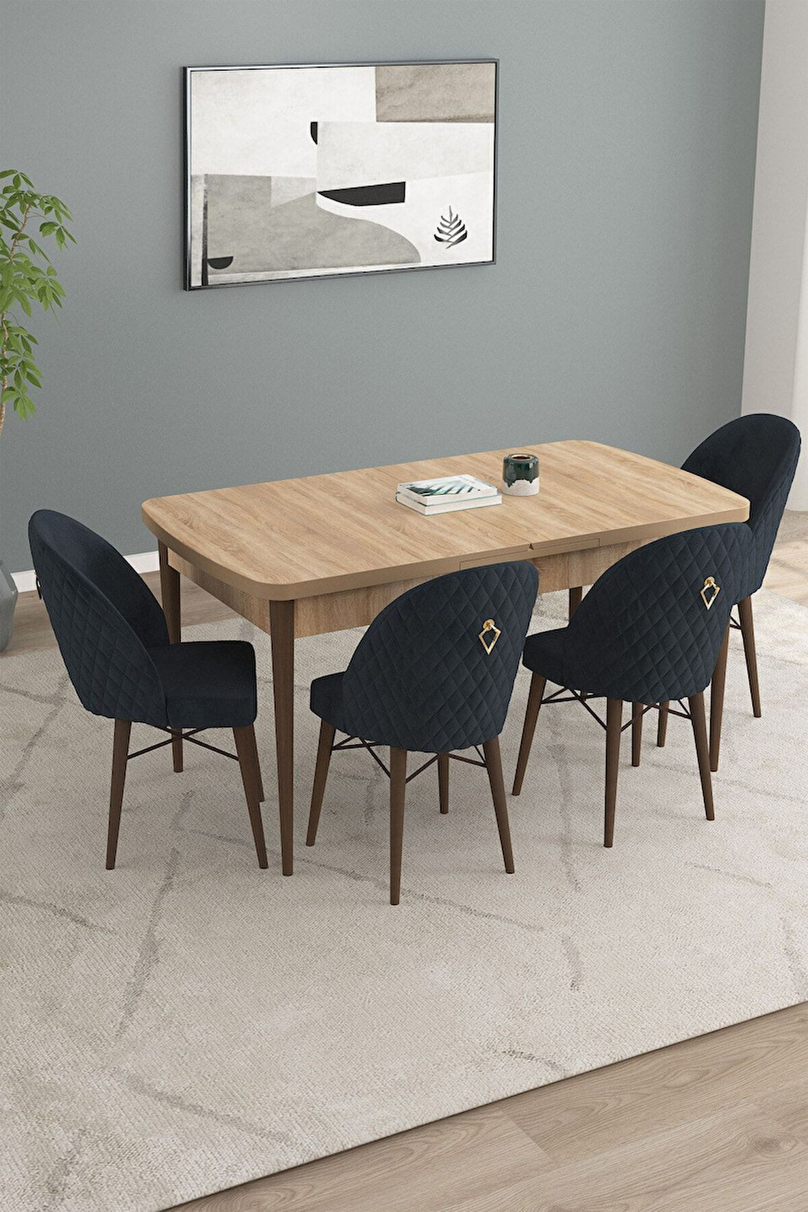 Calvin Meşe Desen 80x132 Açılabilir Mdf Masa Yemek Odası Takımı, Mutfak Takımı 4 Adet Sandalye