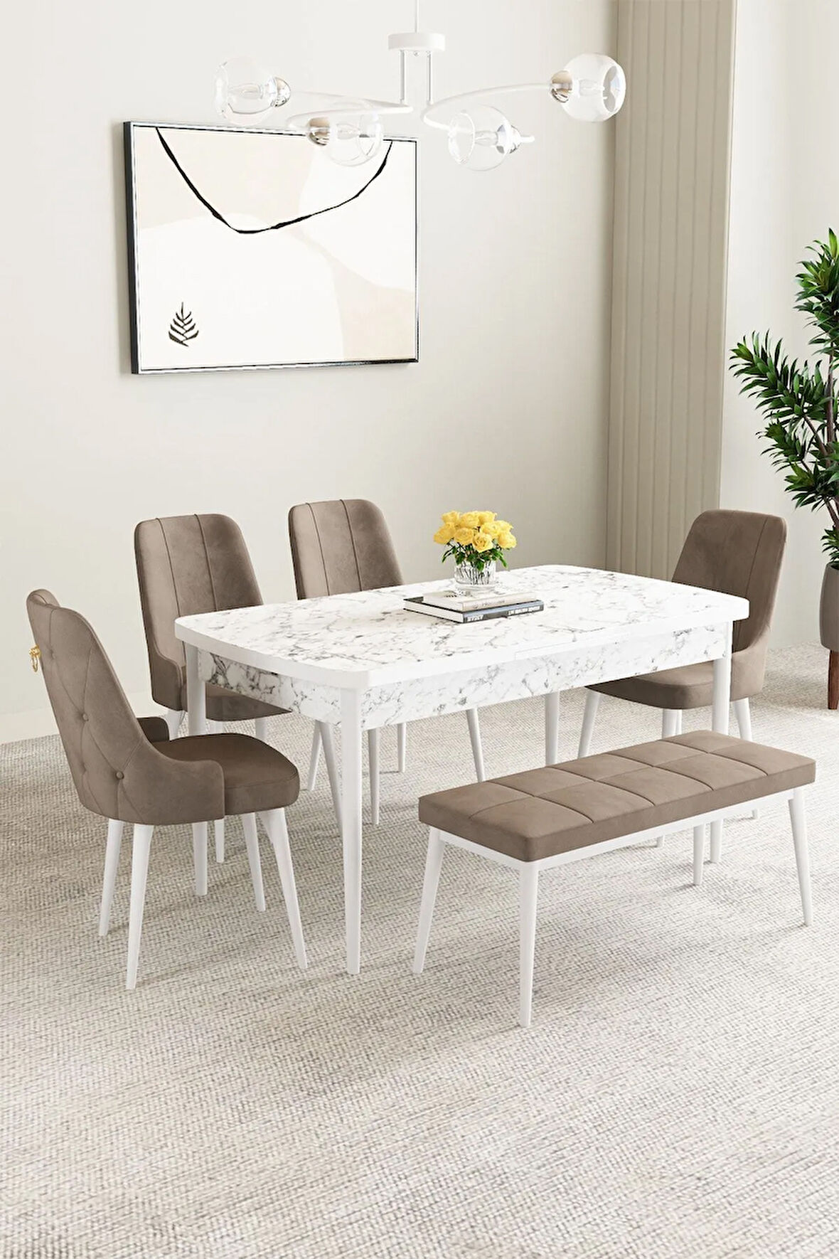 Clara Barok Desen 80x132 Açılabilir Yemek Odası Takımı 4  Sandalye