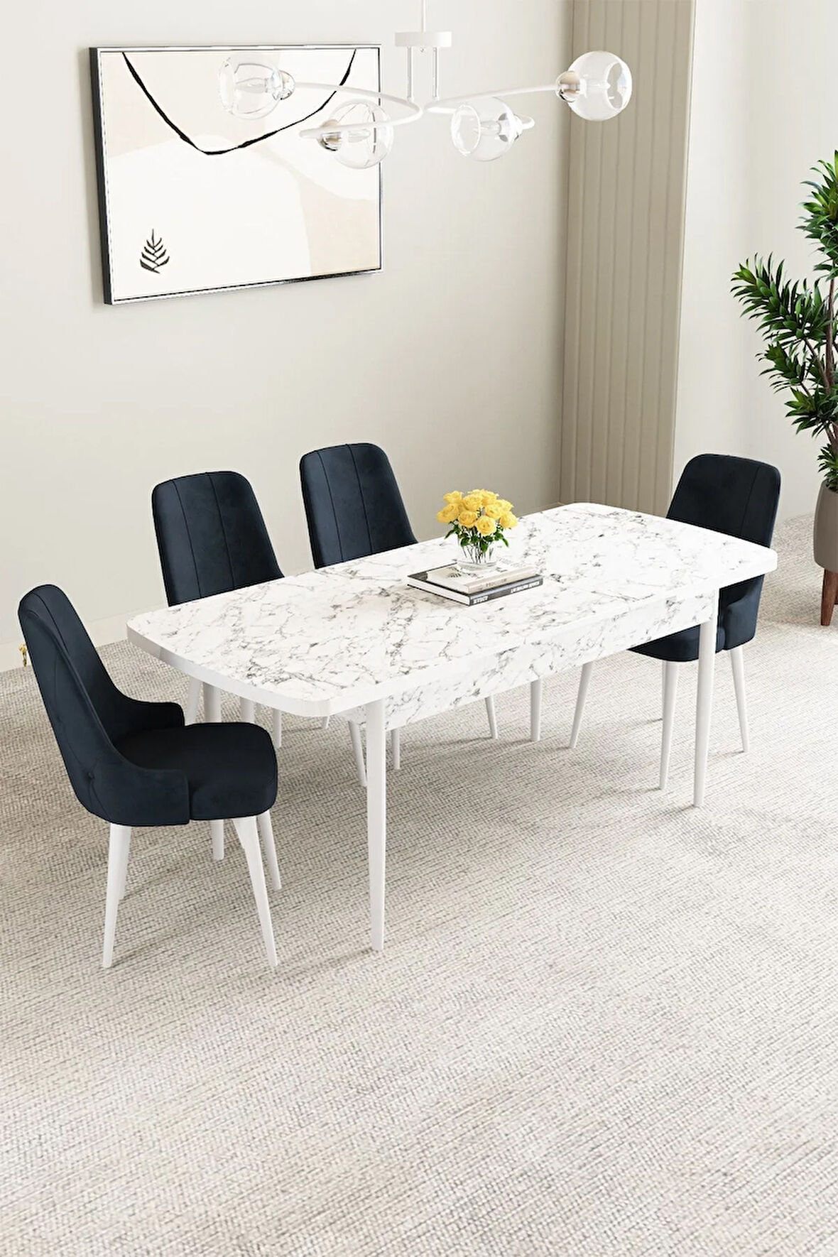 Clara Beyaz Mermer Desen 80x132 Açılabilir Yemek Odası Takımı 4  Sandalye