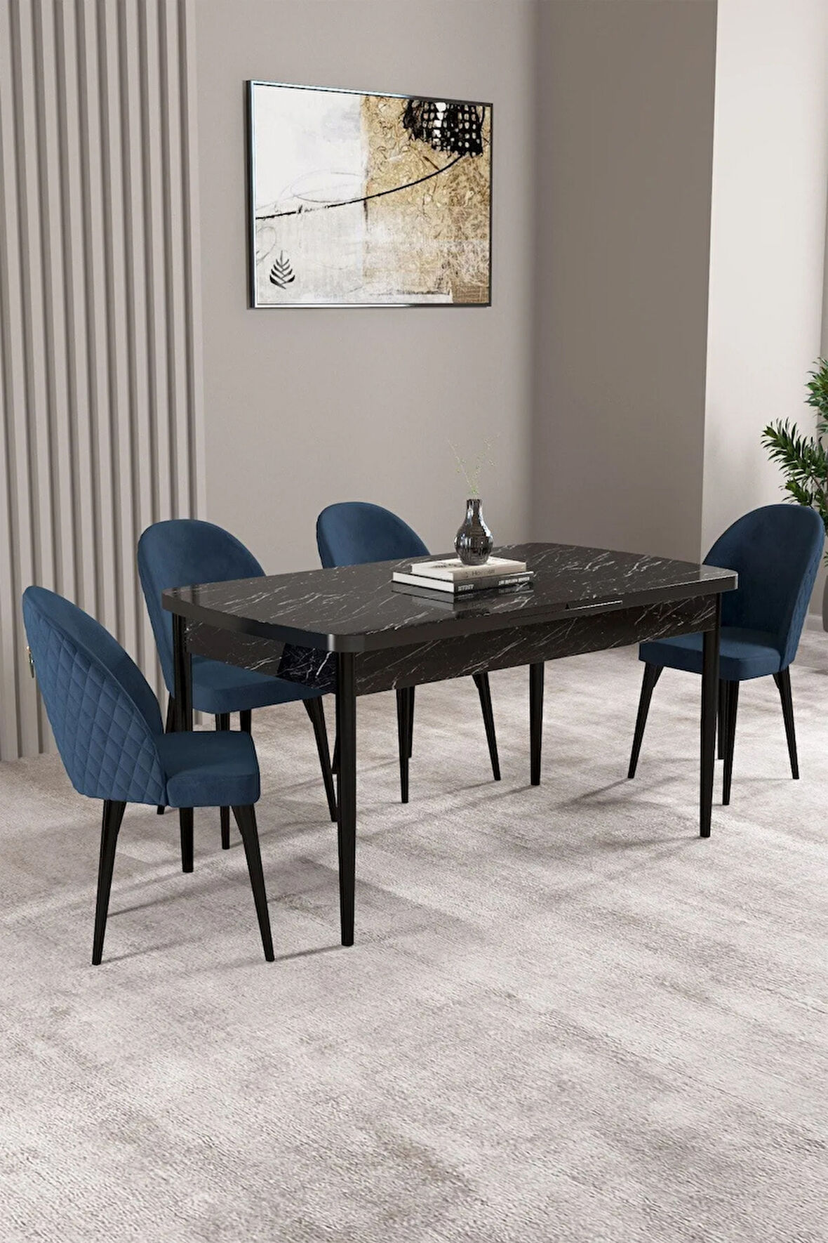 Clara Siyah Mermer Desen 80x132 Açılabilir Yemek Odası Takımı 4  Sandalye
