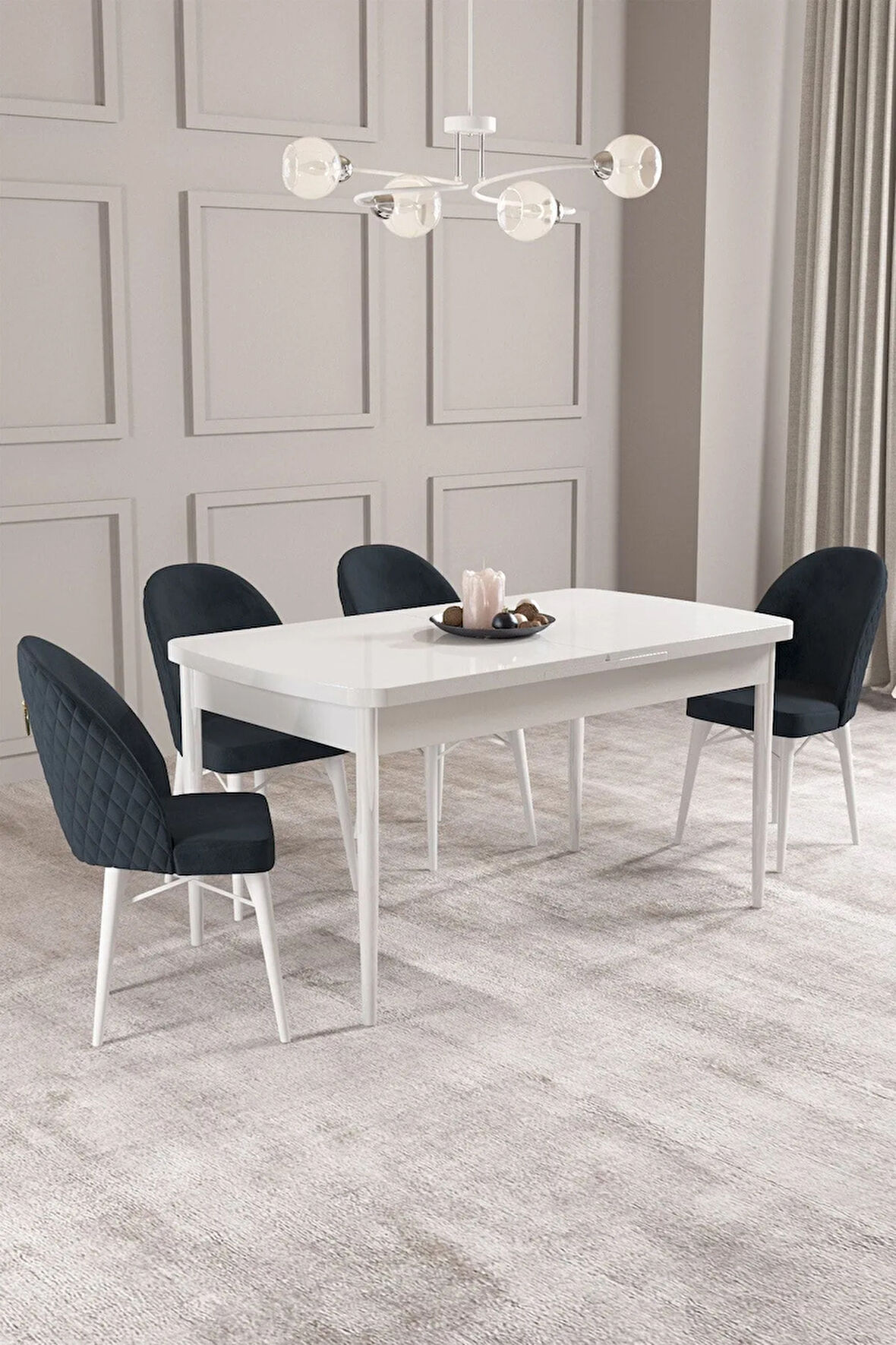 Calvin Beyaz 80x132 MDF Açılabilir Mutfak Masası Takımı 4  Sandalye