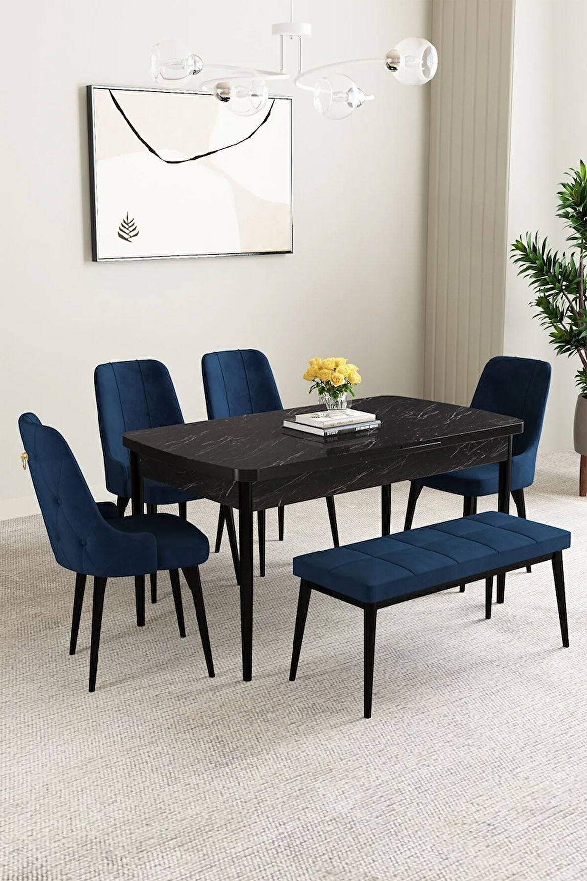 Daisy Barok Desen 80x132 Açılabilir MDF Mutfak Masa Takımı 4 Sandalye
