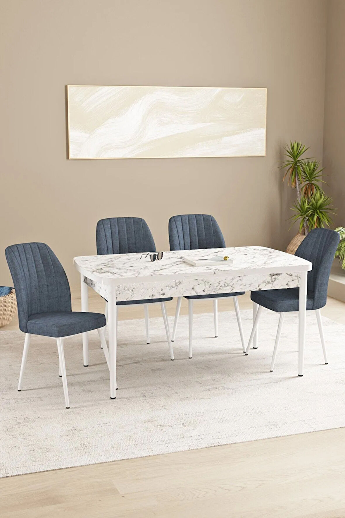 Daisy Beyaz Mermer Desen 80x132 Açılabilir MDF Mutfak Masa Takımı 4 Sandalye
