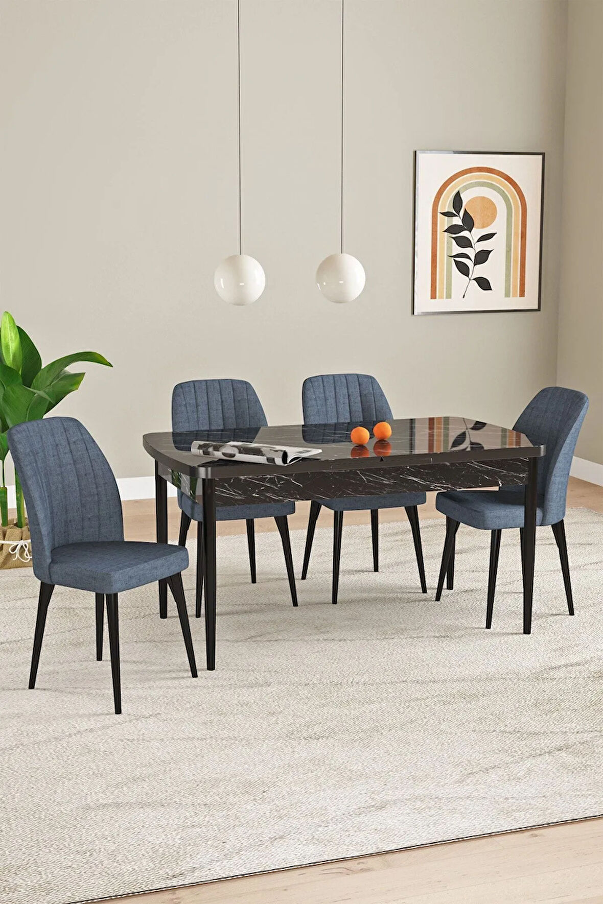 Elis Siyah Mermer Desen 80x132 Açılabilir Yemek Odası Takımı 4  Sandalye