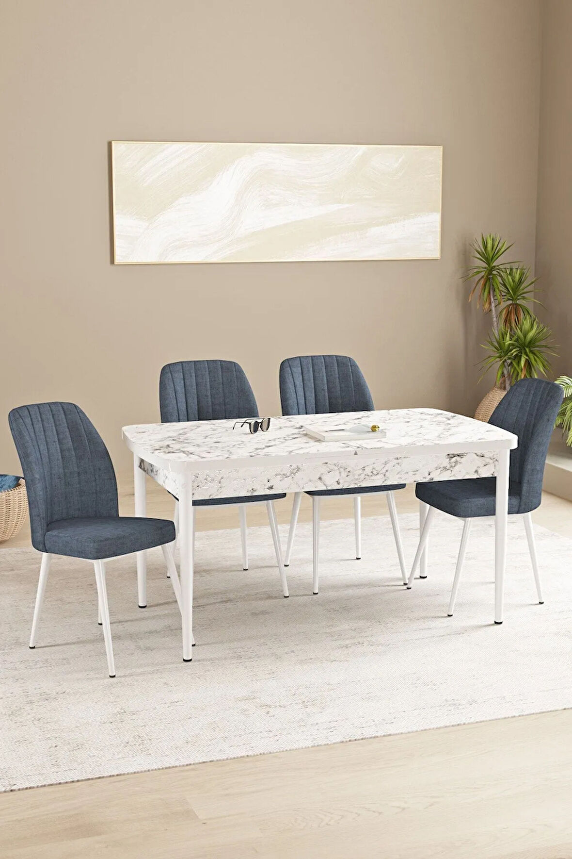 Floryn Beyaz Mermer Desen 80 X 132 Açılabilir MDF Mutfak Masa Takımı 4 Sandalye