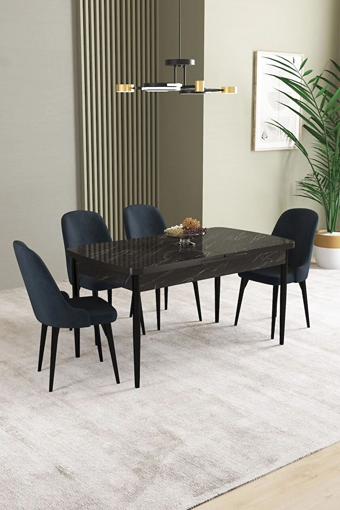 Ikon Siyah Mermer Desen 80x132 MDF Açılabilir Yemek Masası Takımı 4  Sandalye