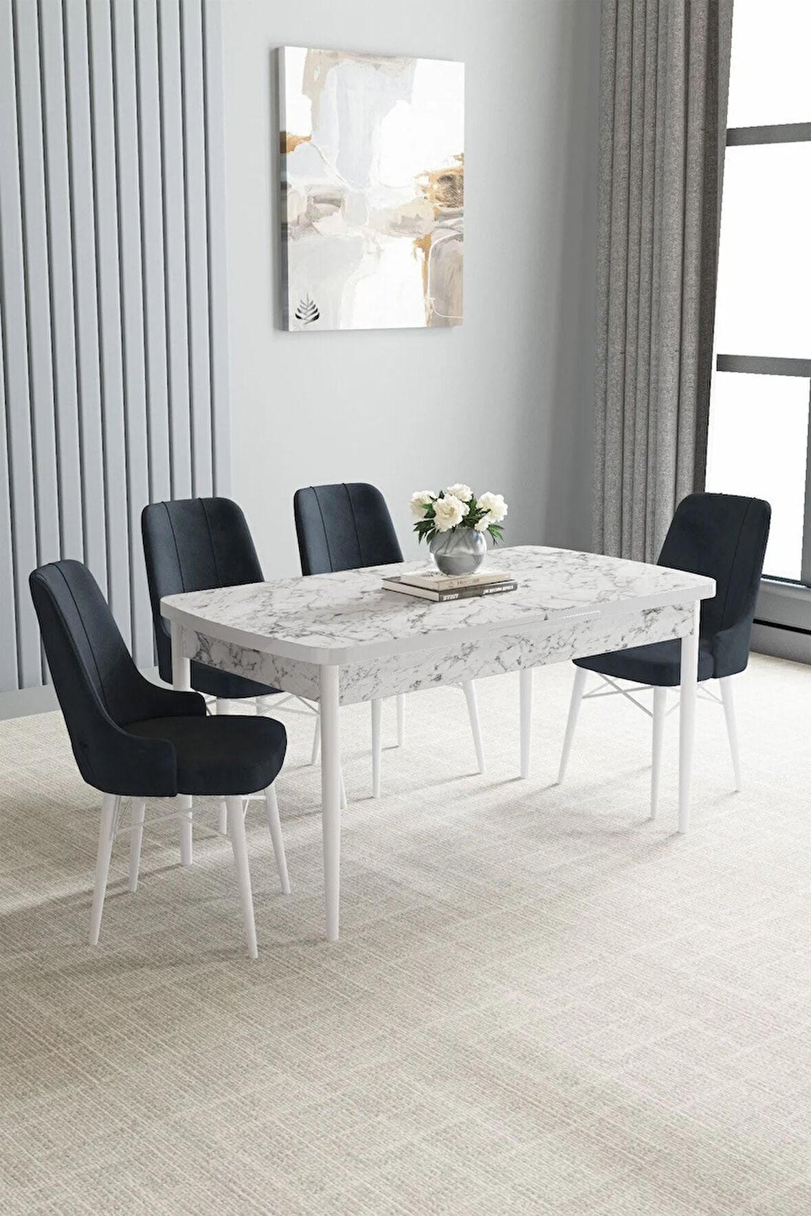 Jusie Beyaz Mermer Desen 80x132 Açılabilir Yemek Odası Takımı 4  Sandalye