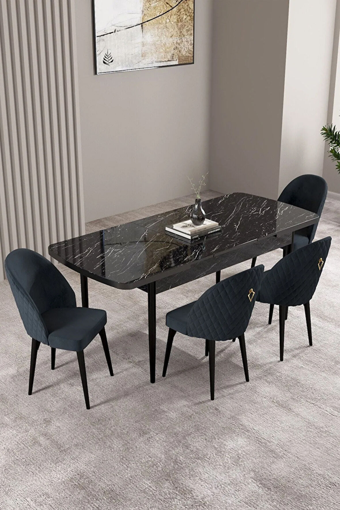 Lima Siyah Mermer Desen 80x132 MDF Açılabilir Mutfak Masası Takımı 4  Sandalye