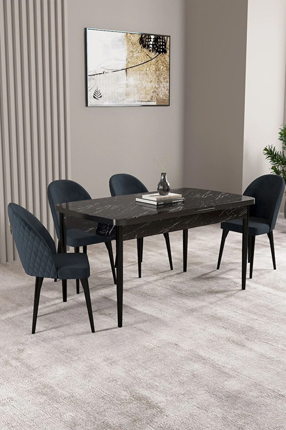 Lima Siyah Mermer Desen 80x132 MDF Açılabilir Yemek Masası Takımı 4  Sandalye