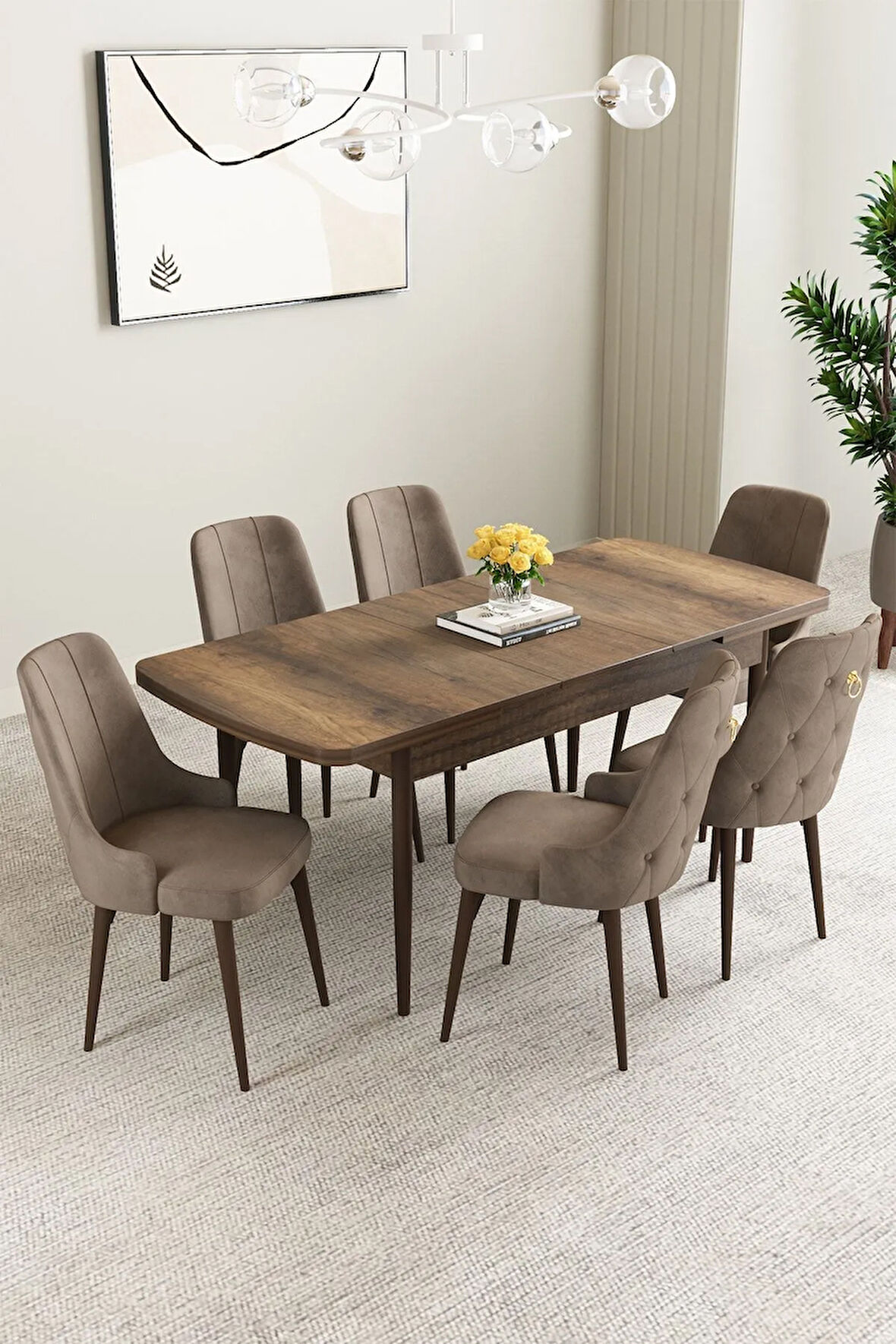 Mabel Beyaz Mermer Desen 80x132 Açılabilir Yemek Odası Takımı 4  Sandalye