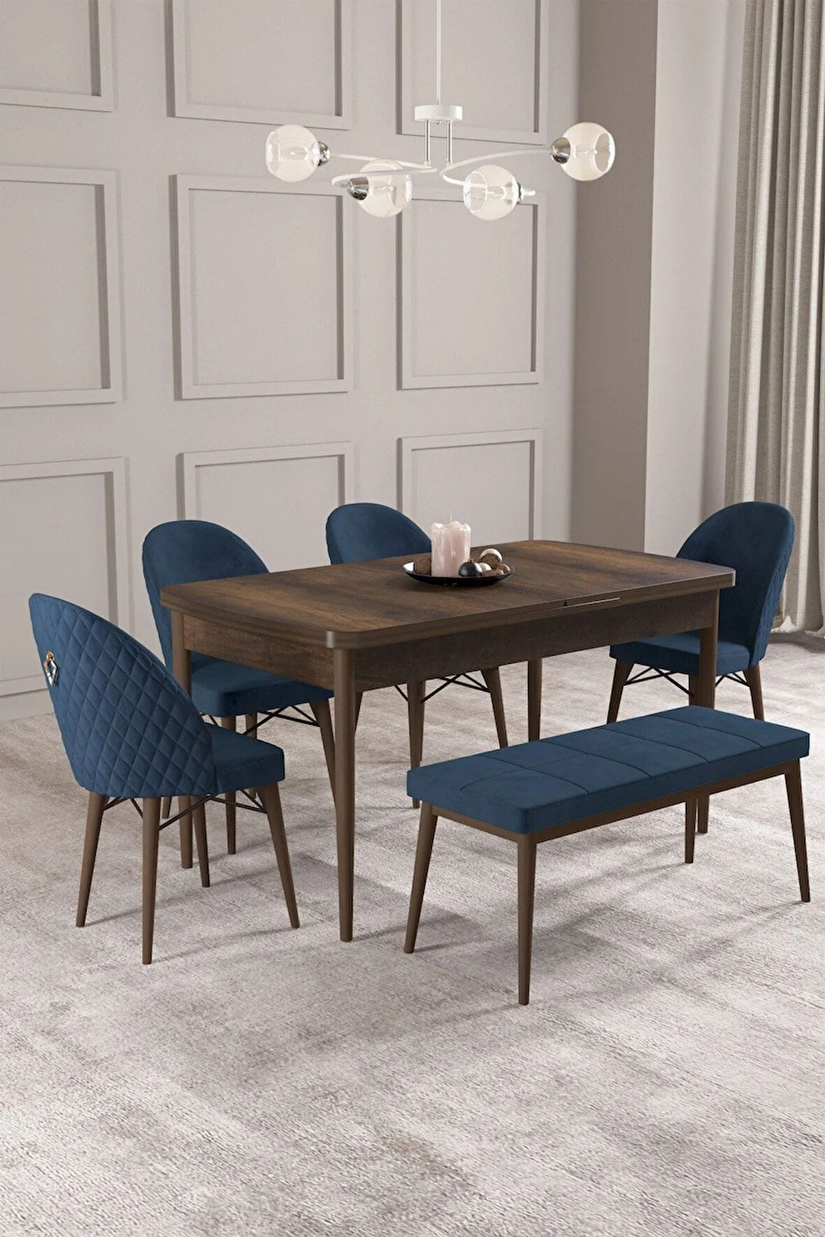 Mayer MDF Beyaz Mermer Desen Açılabilir 80x132 Cm 4 Sandalyeli Mutfak Masası Takımı