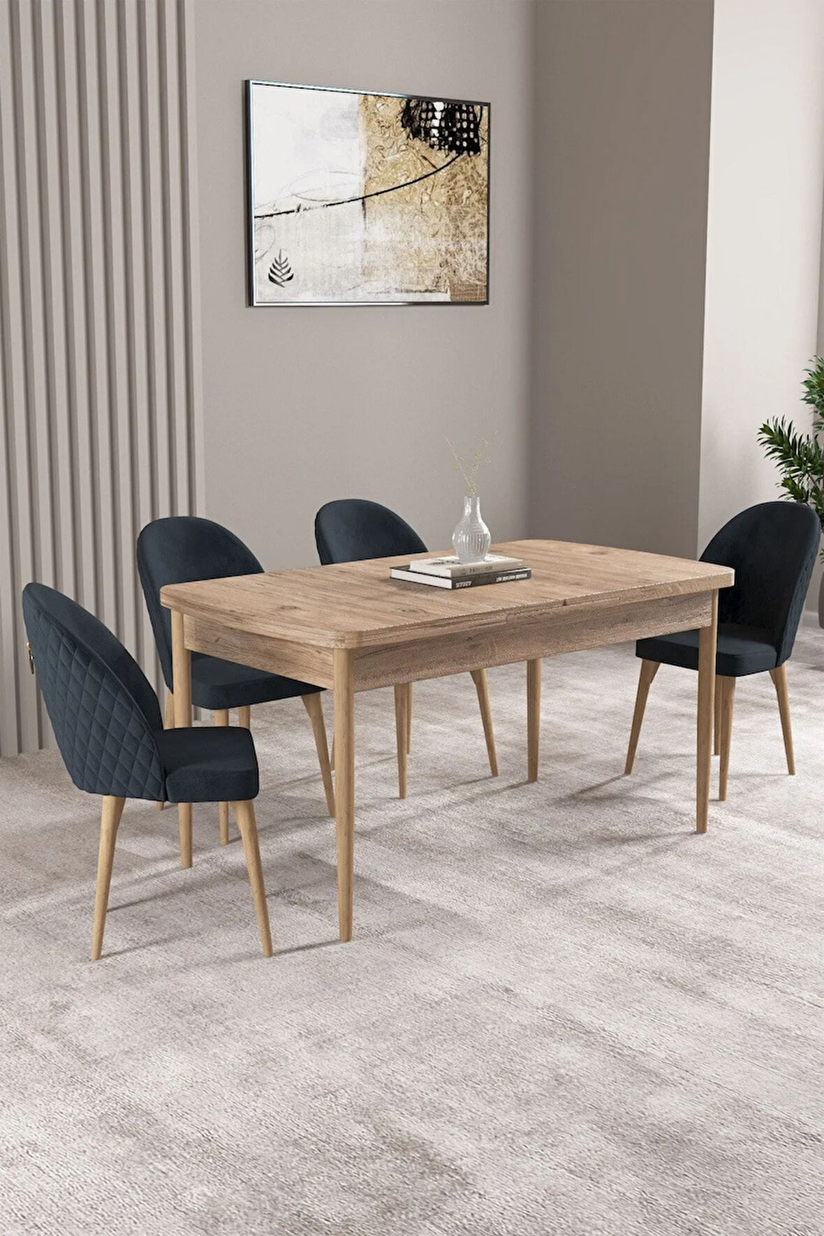 Milas Atlantik Çam 80x132 MDF Açılabilir Mutfak Masası Takımı 4  Sandalye