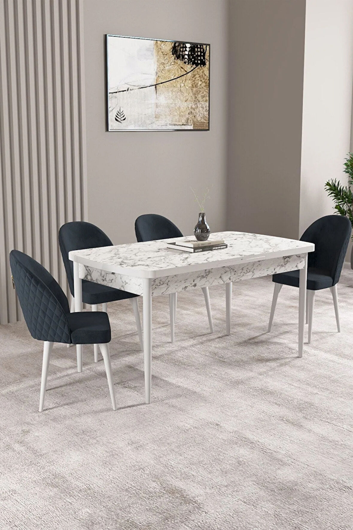 Milas Beyaz Mermer Desen 80x132 MDF Açılabilir Mutfak Masası Takımı 4  Sandalye
