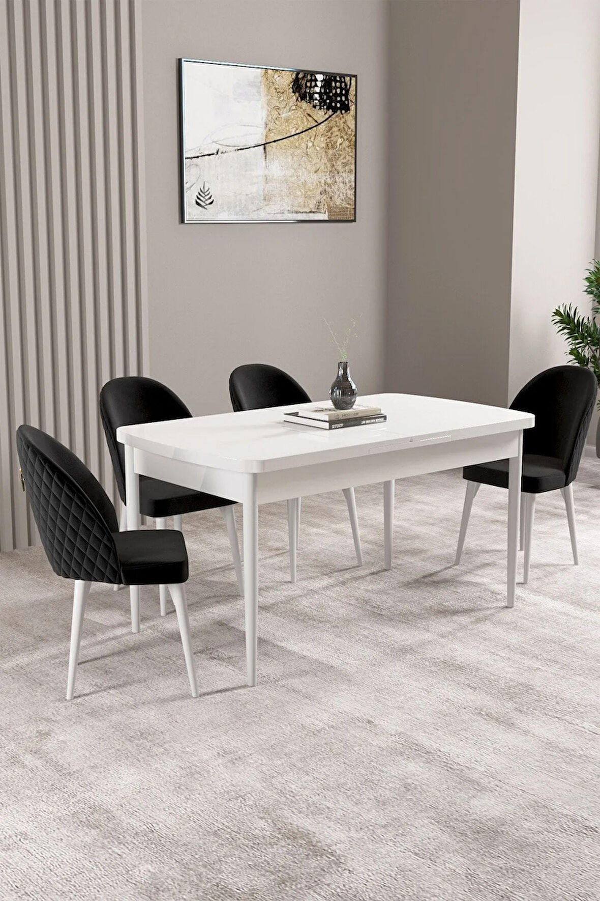 Milas Beyaz 80x132 MDF Açılabilir Mutfak Masası Takımı 4  Sandalye