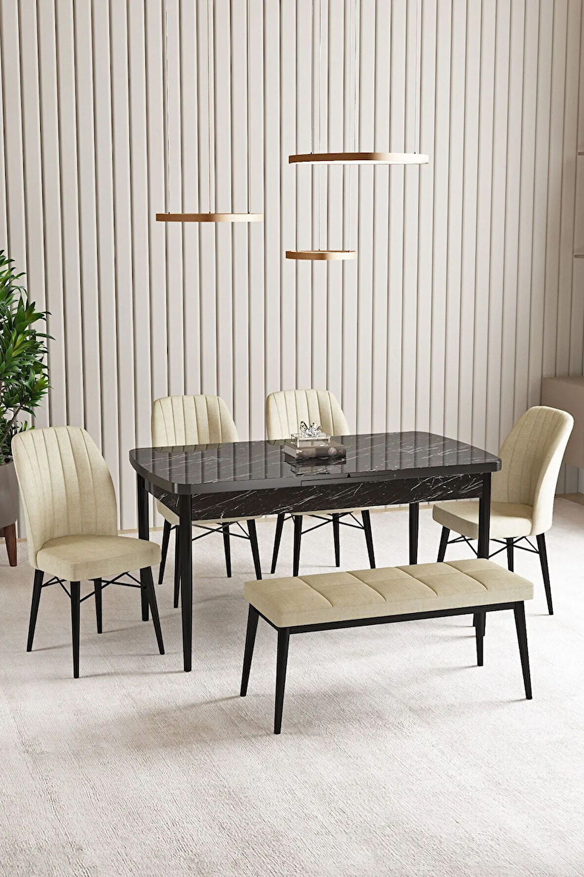 Lara Beyaz Mermer Desen 80 X 132 Açılabilir MDF Mutfak Masası 4  Sandalye