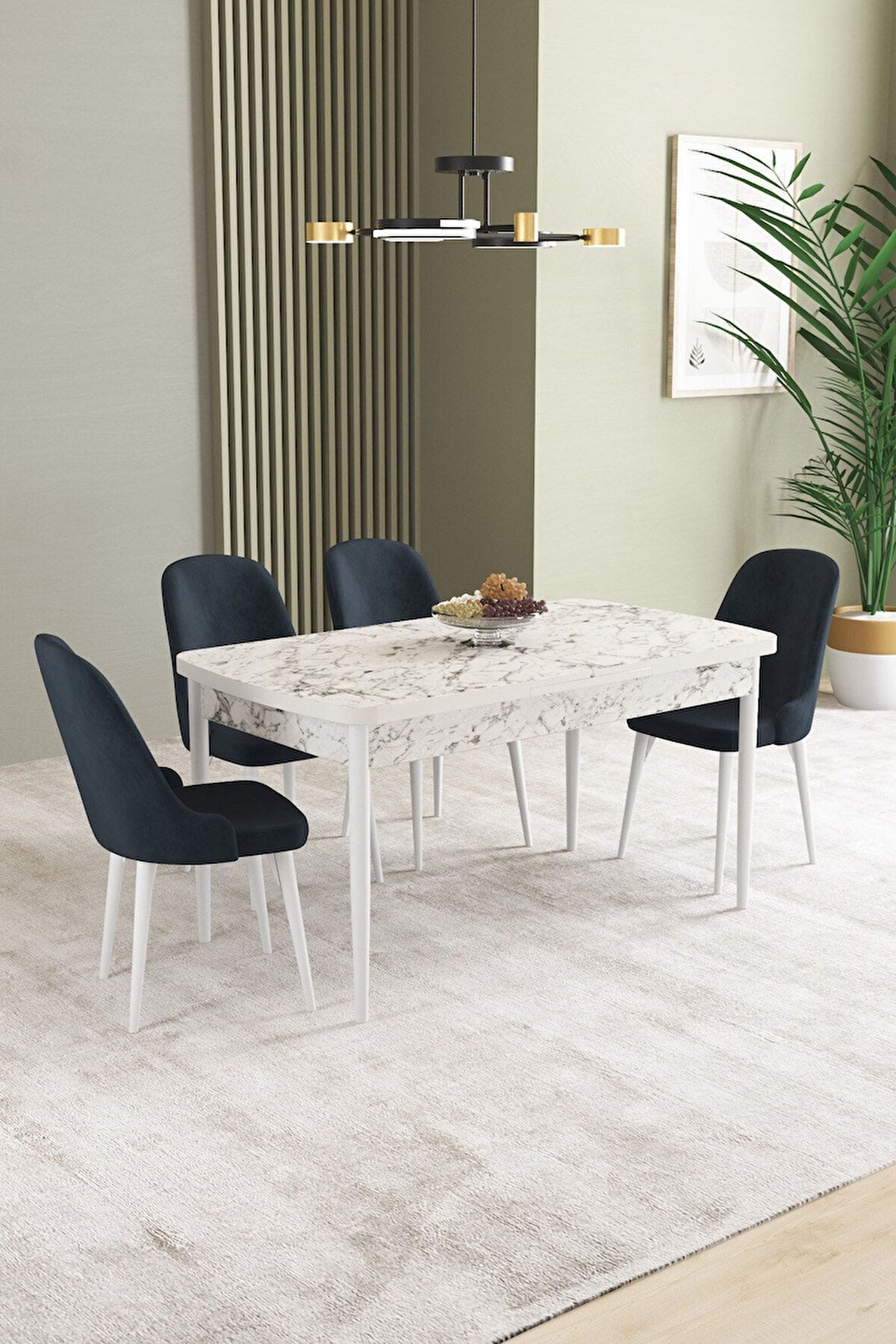 Ikon Beyaz Mermer 80x132 Açılabilir Mdf Masa Yemek Odası Takımı, Mutfak Takımı 4 Adet Sandalye