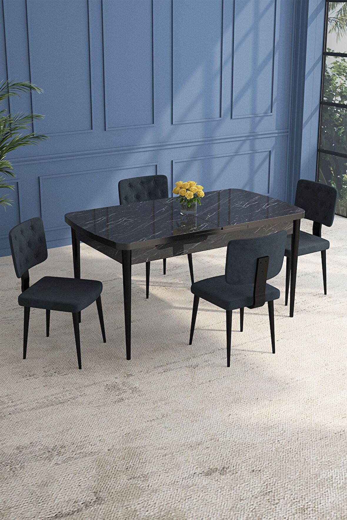 Lars Siyah Mermer 80x132 Açılabilir Mdf Masa Yemek Odası Takımı,Mutfak Takımı 4 Adet Sandalye