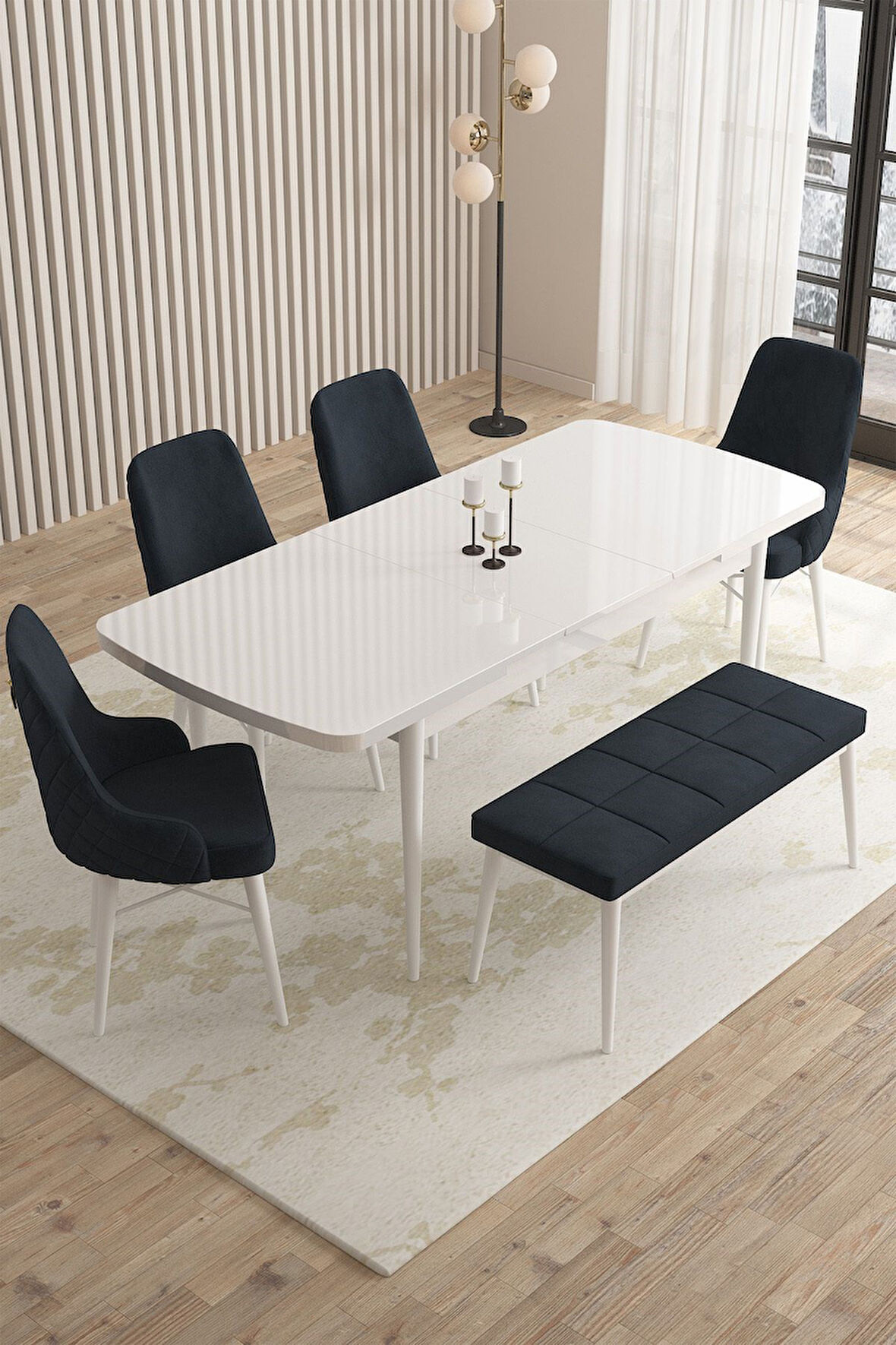 Mazaka Beyaz 80x132 Açılabilir Mdf Masa Yemek Odası Takımı, Mutfak Takımı 4 Sandalye 1 Bench