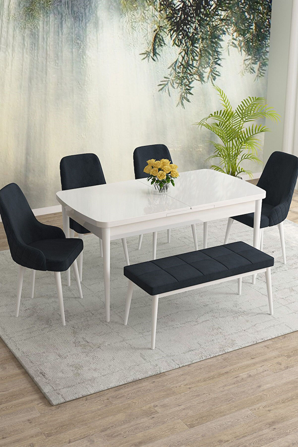 Meri Serisi Beyaz 80x132 Açılabilir Mdf Masa Yemek Odası Takımı,Mutfak Masa Takımı 4 Sandalye 1Bench