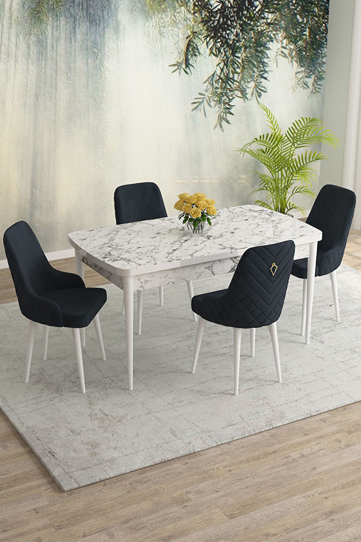 Meri Beyaz Mermer 80x132 Açılabilir Mdf Masa Yemek Odası Takımı,Mutfak Takımı 4 Adet Sandalye