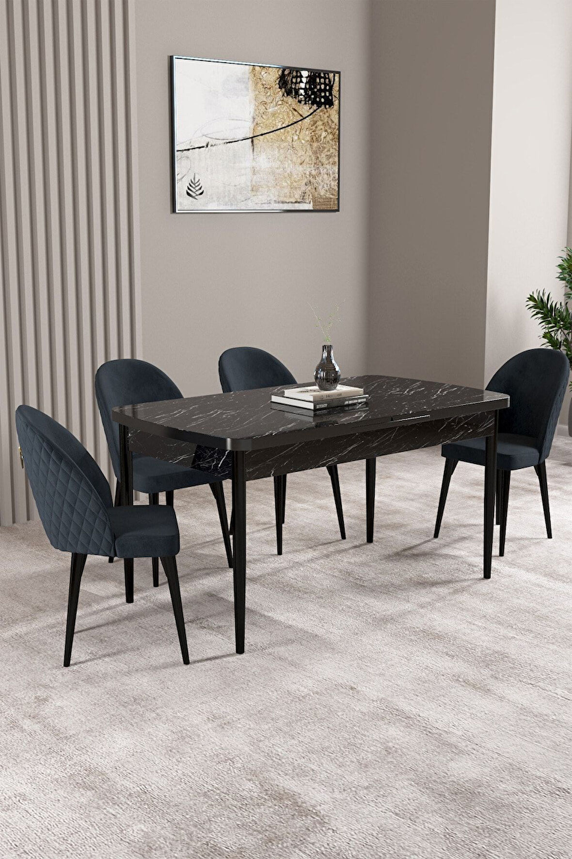 Milas Siyah Mermer Desen 80x132 Açılabilir Mdf Masa Yemek Odası Takımı,Mutfak Takımı 4 Adet Sandalye