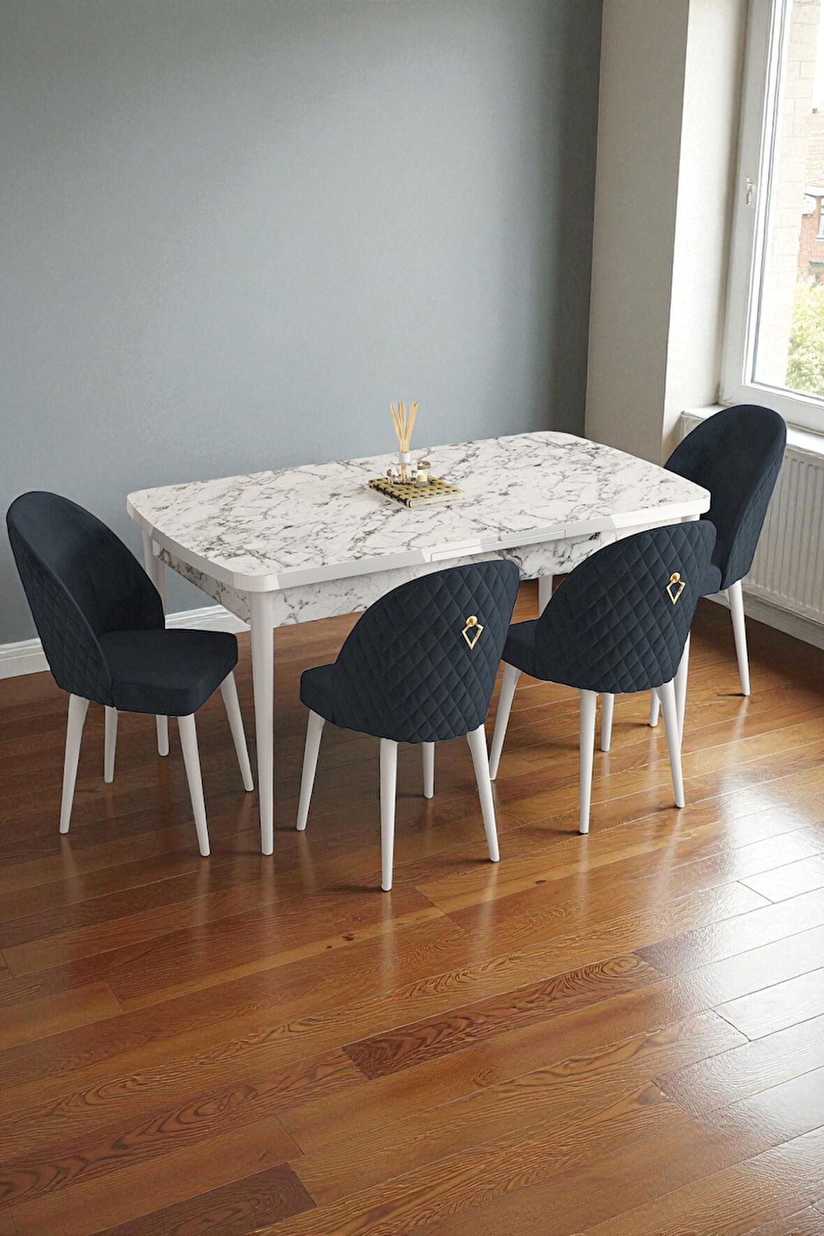 Mura Beyaz Mermer 80x132 Açılabilir Mdf Masa Yemek Odası Takımı, Mutfak Takımı 4 Adet Sandalye