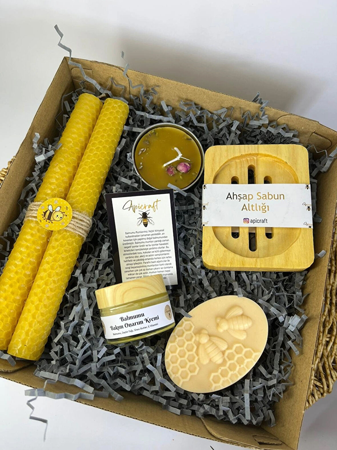 Doğal Balmumu Mum & Ballı Sabun & Balmumu Bakım Onarım Kremi Hediye Kutusu - Apicraft
