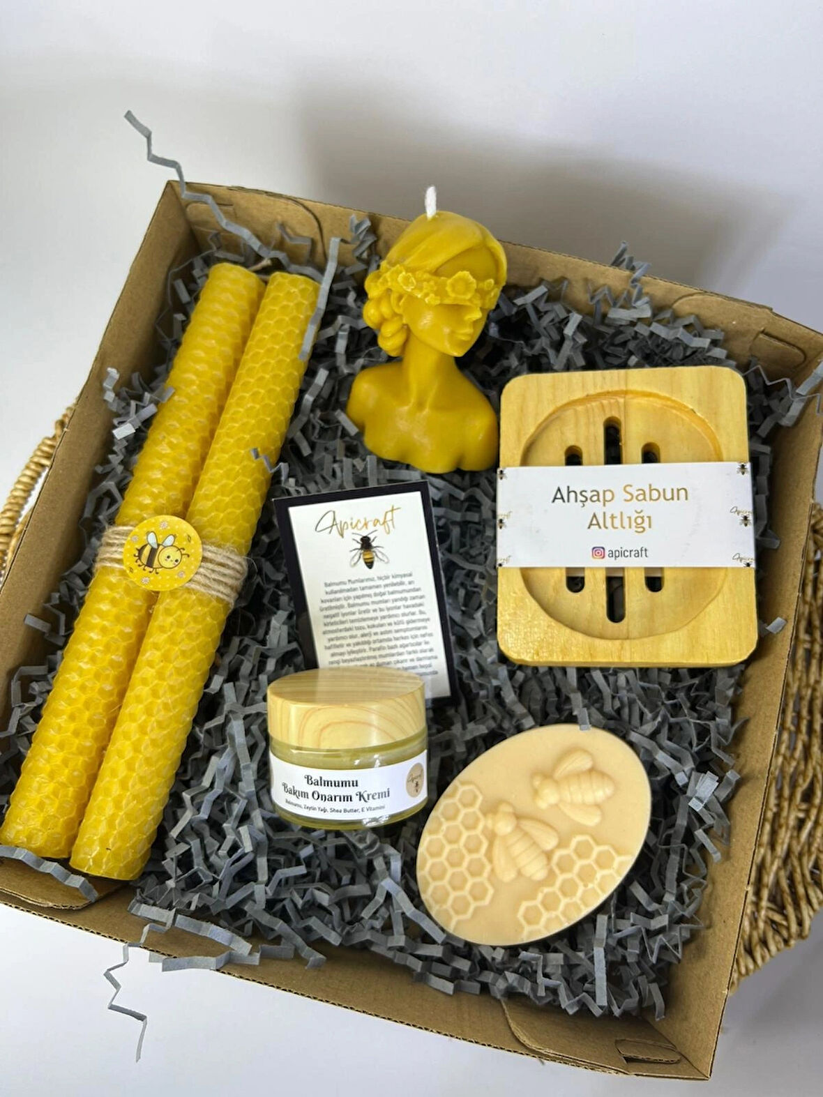 Doğal Balmumu Mum & Ballı Sabun & Balmumu Bakım Onarım Kremi Hediye Kutusu - Apicraft
