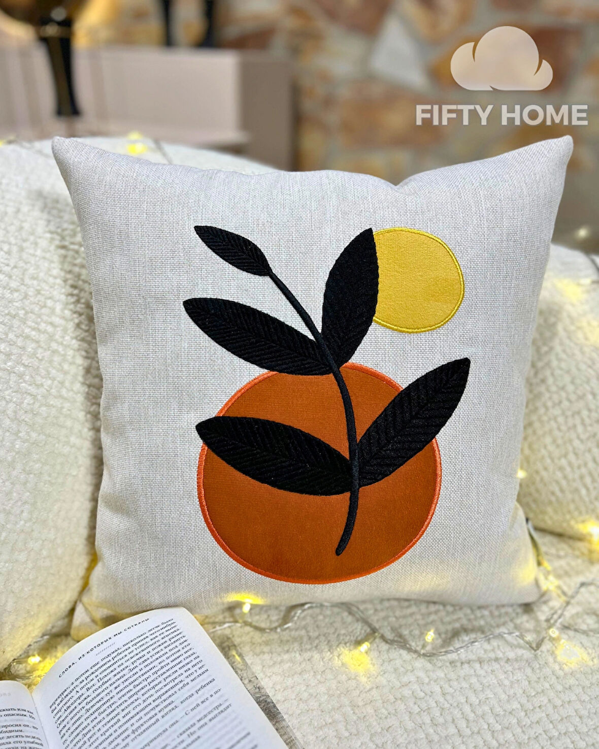 1 adet aplikeli nakış keten kırlent kılıfı 43 x 43 cm 