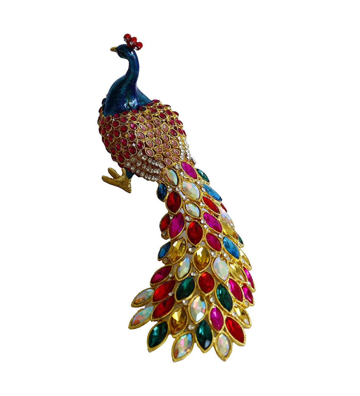 Kristal Taşlı Tavus Kuşu Biblo ve Mücevher Kutusu – 12x22x9 cm, Hediyelik Dekoratif Figür