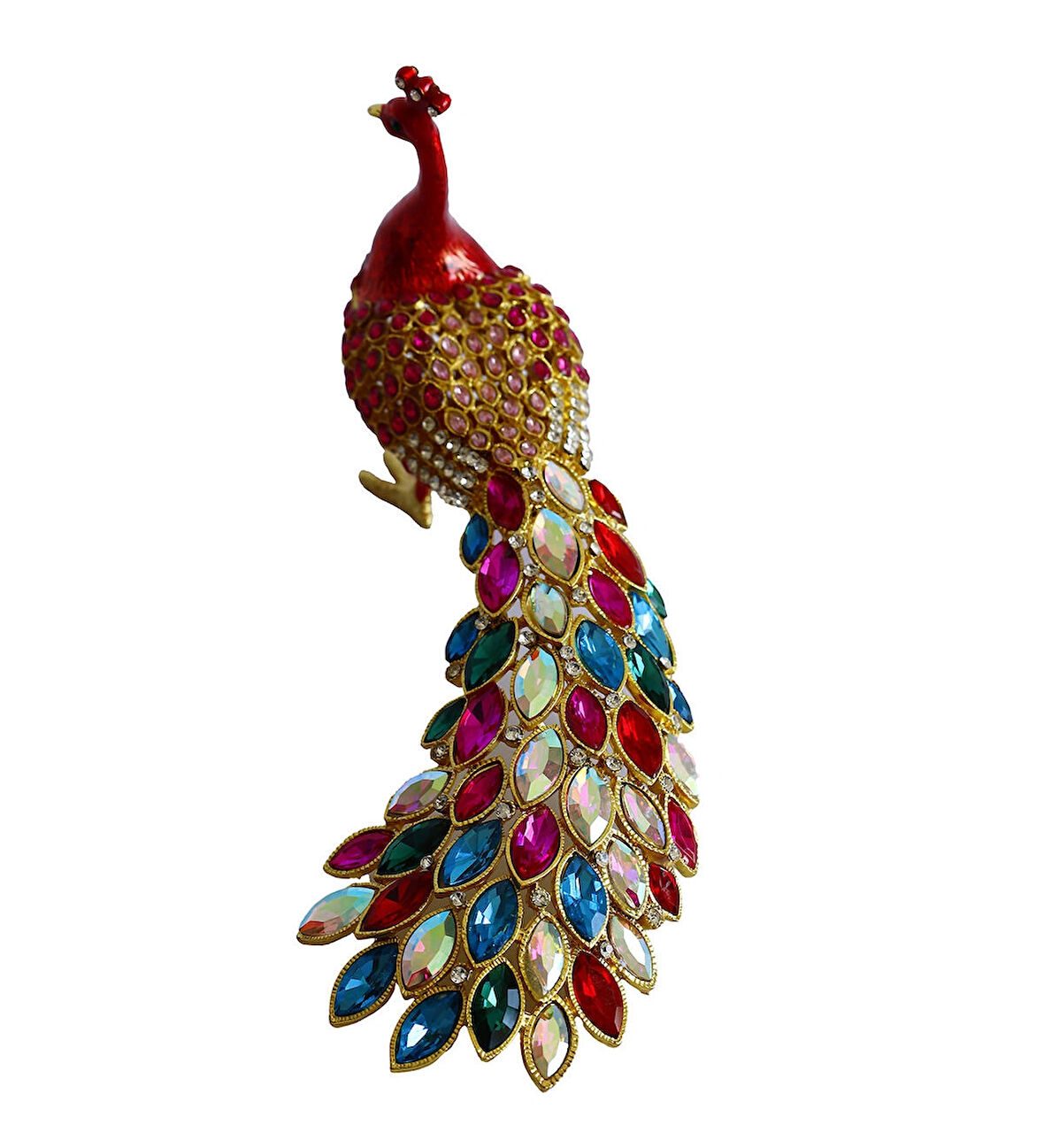 Kristal Taşlı Tavus Kuşu Biblo ve Mücevher Kutusu – 12x22x9 cm, Hediyelik Dekoratif Figür