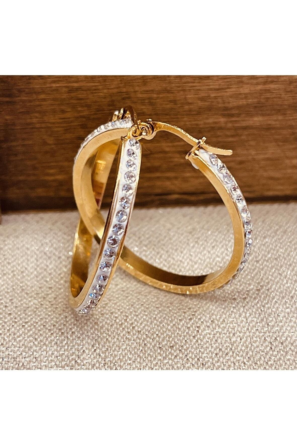 luxury steel gold renk zirkon taşlı halka çelik küpe