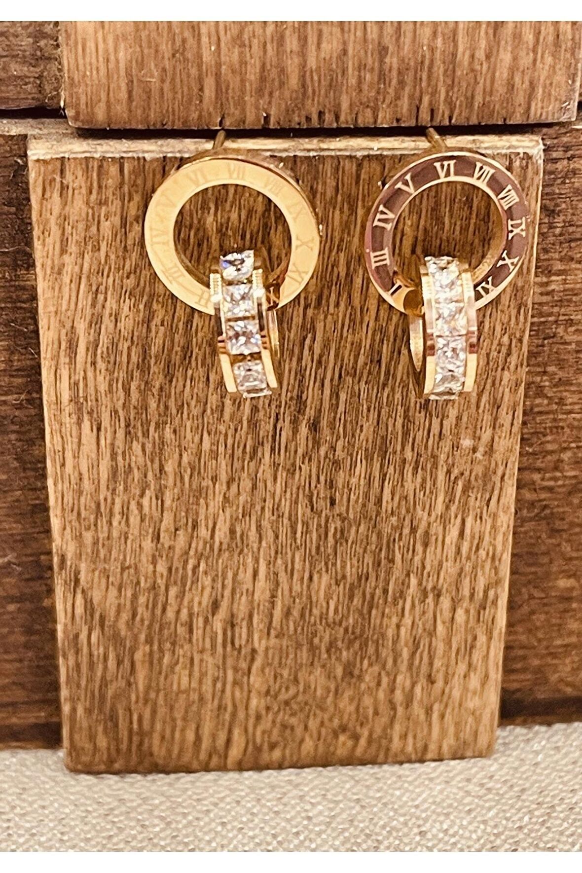 luxury steel Gold Renk Zirkon Taşlı Çelik Küpe