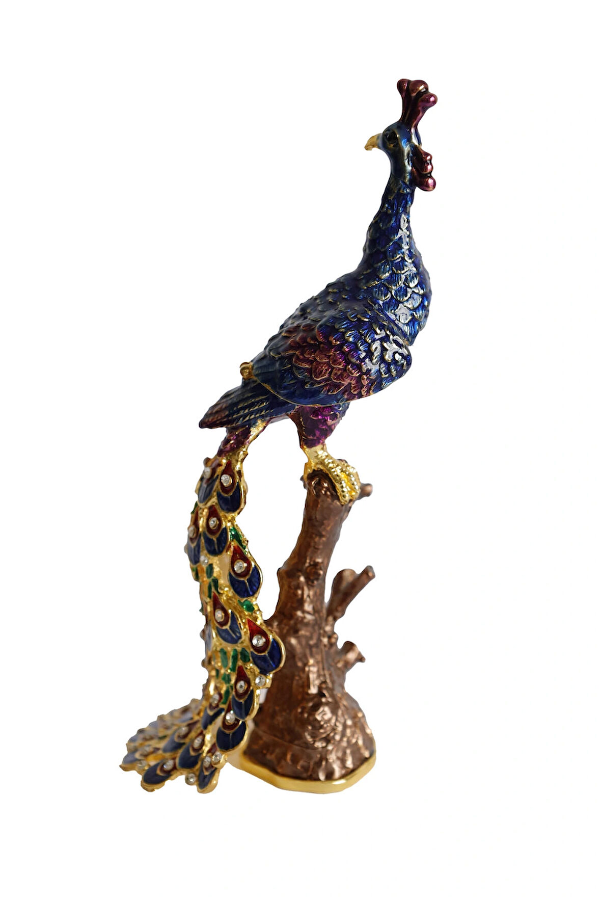 Kristal Taş İşlemeli Metal Tavus Kuşu Biblo – Ağaç Üzerinde Dekor – 18x9 cm