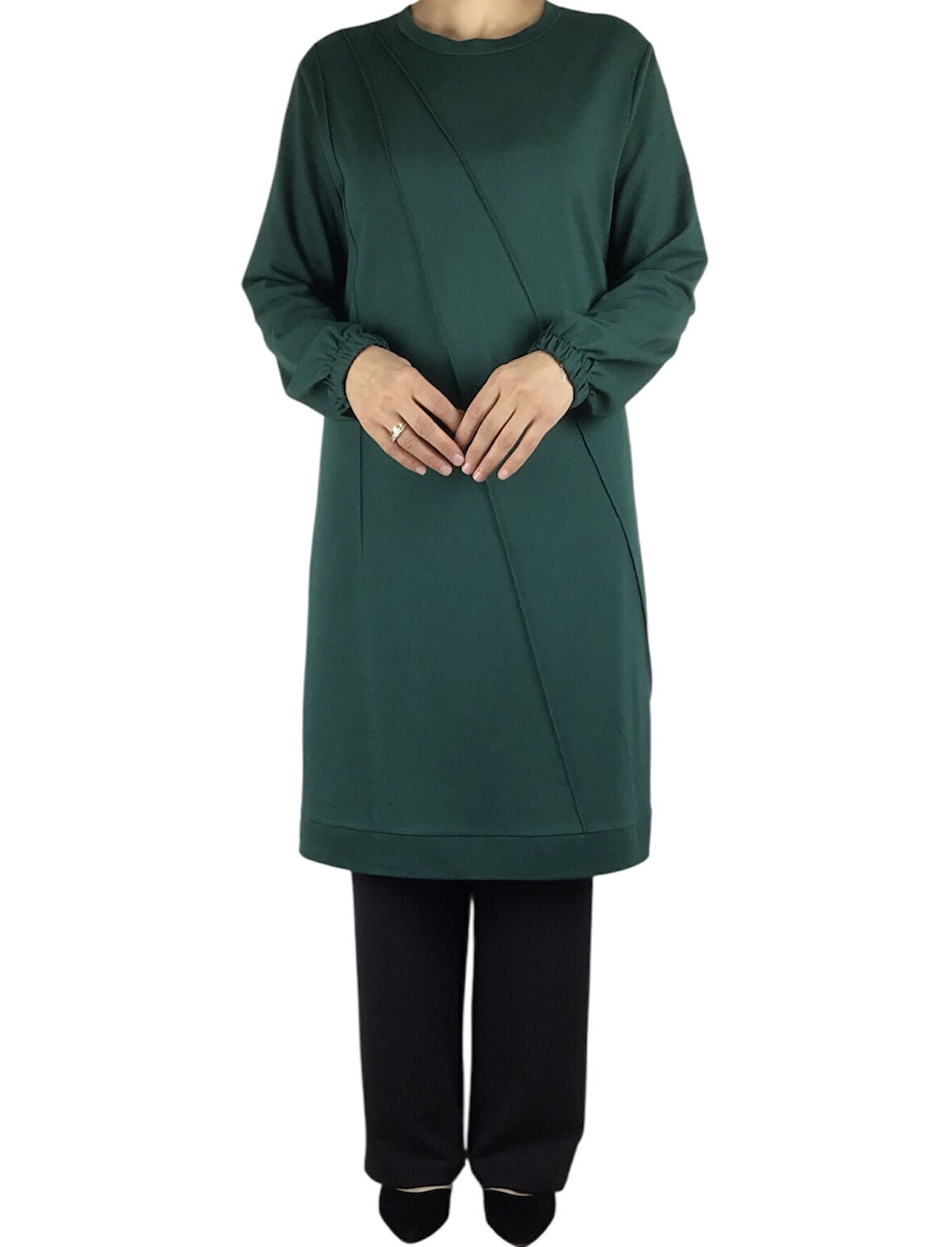 KADIN ÖNÜ DİKİŞLİ KOLLARI LASTİKLİ ETEK UCU BANTLI KRİSTAL İKİ İPLİK MEVSİMLİK TUNİK