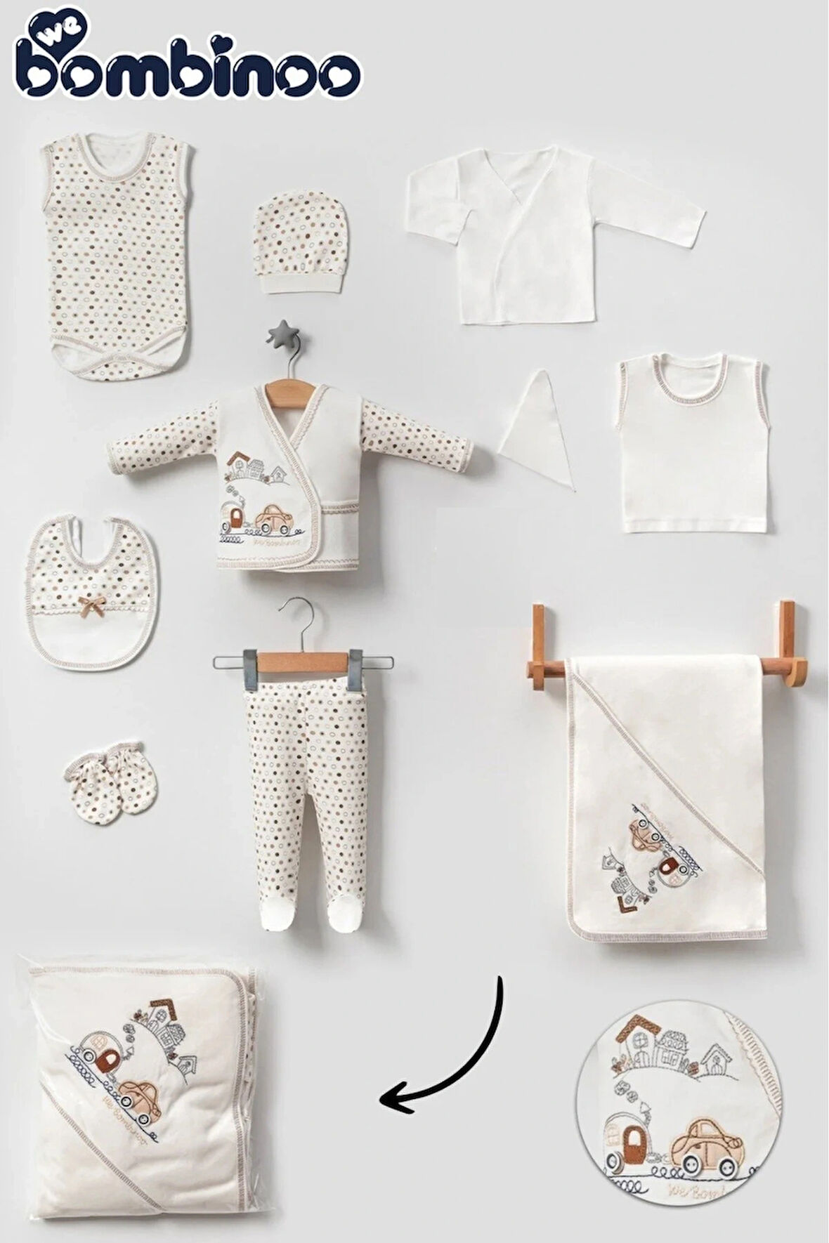 WeBombinolo Bebe Arabalı Trenli 10 Parça Hastane Çıkışı Yeni Doğan Zıbın Seti Kahverengi