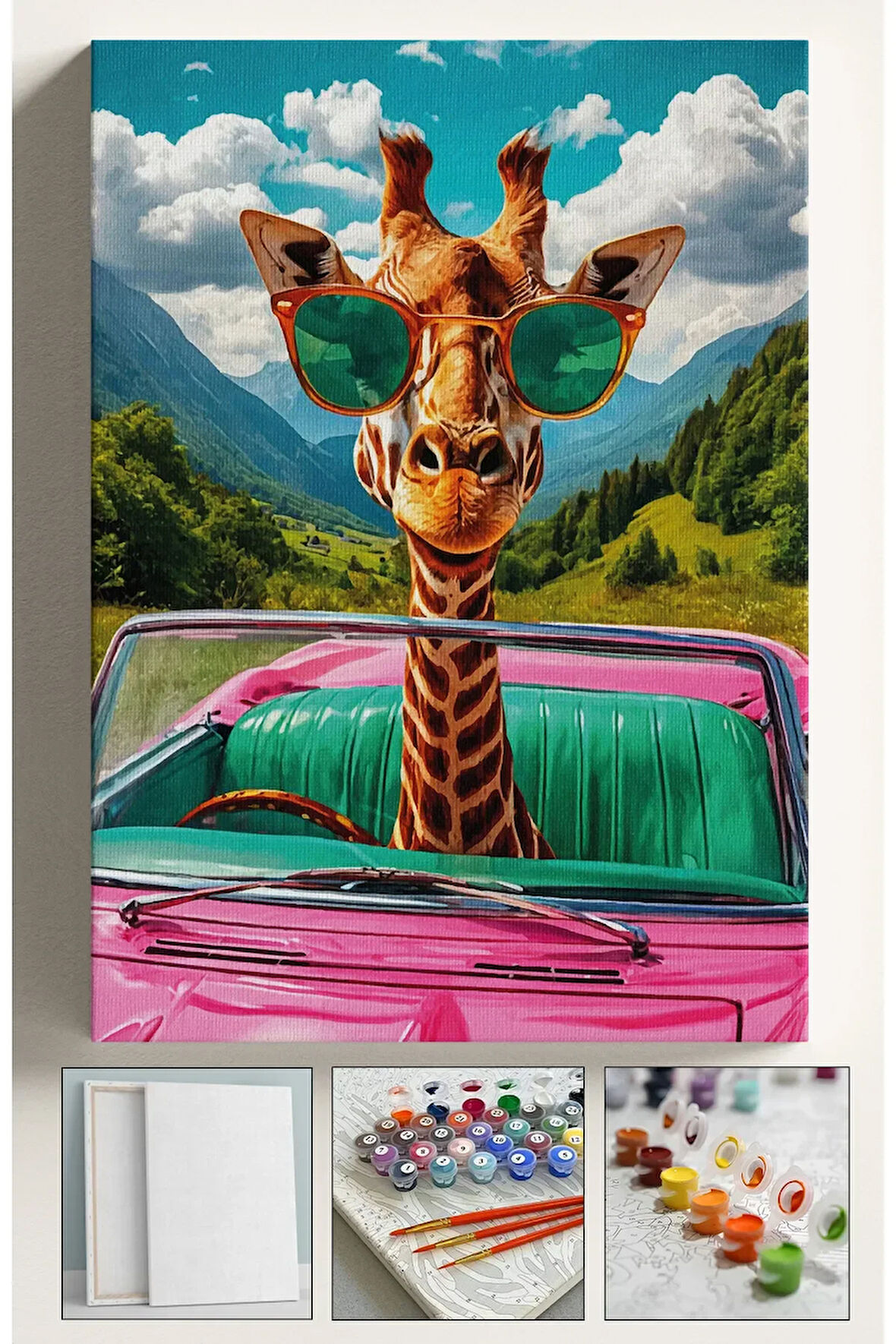 Sayılarla Boyama Hobi Seti Çerçeveli Numaralı Tuval Fırça Boya Dahil Kasnaklı ARABA ZÜRAFA 40x50 Cm