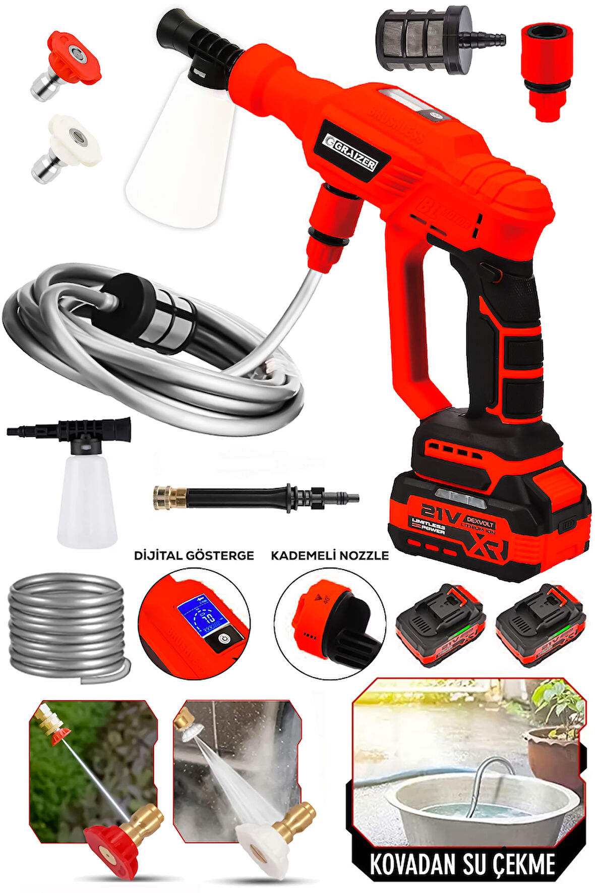 Graizer Yüksek Basınçlı Kömürsüz Motor Akülü Oto Araba Yıkama Makinesi Şarjlı Kırmızı