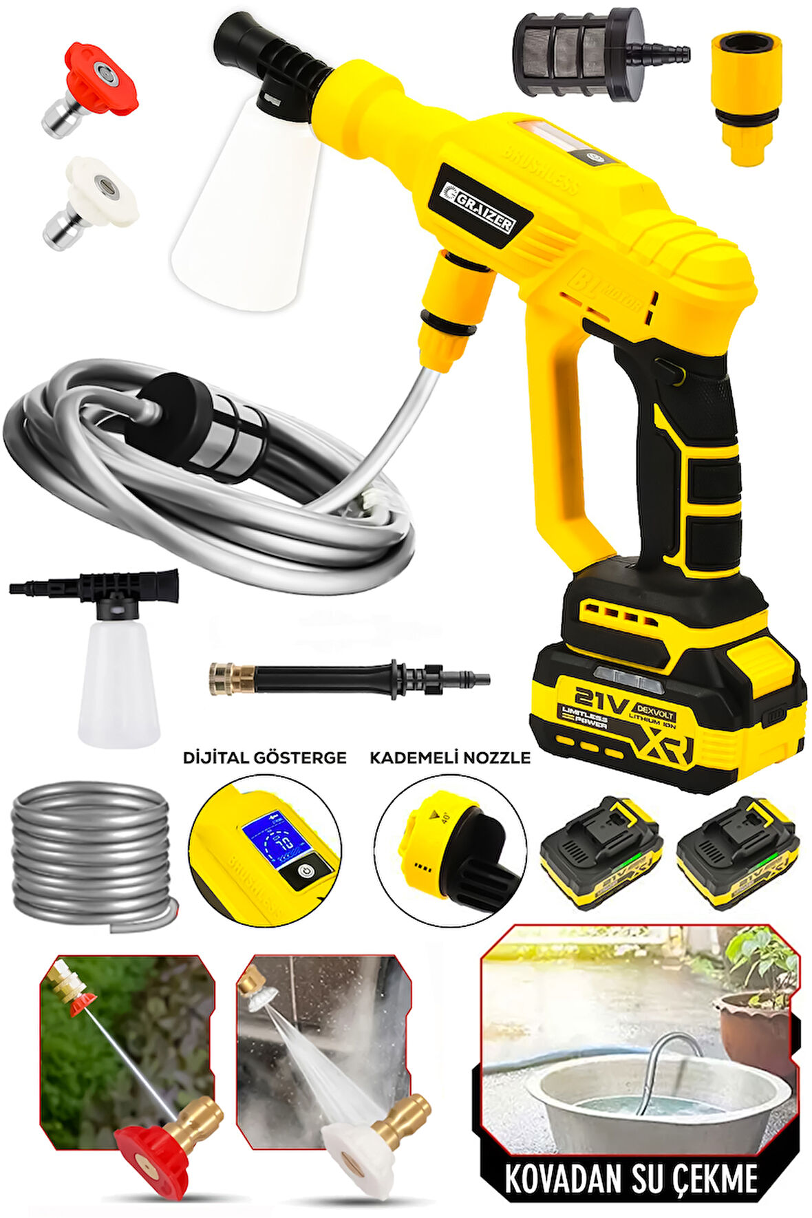 Graizer Yüksek Basınçlı Kömürsüz Motor Akülü Oto Araba Yıkama Makinesi Şarjlı Sarı
