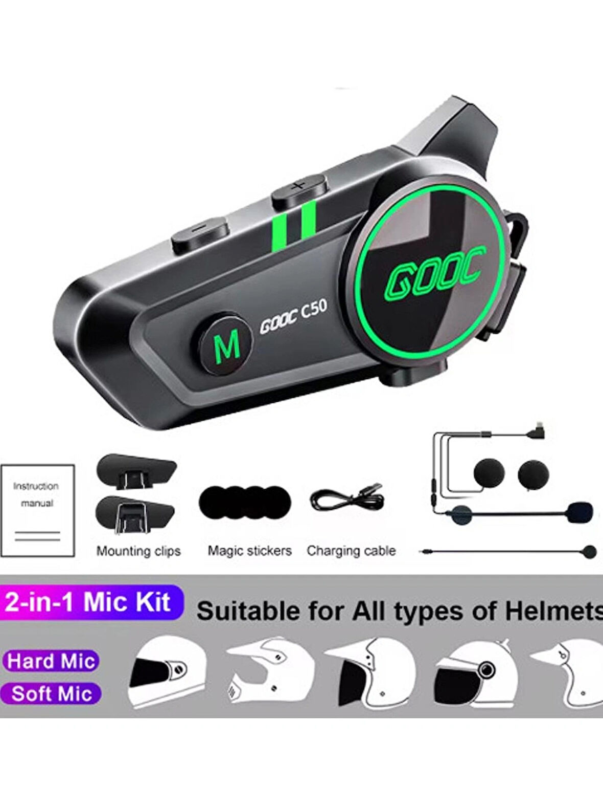 ARELL TEKNOLOJİ TEKNOLOJİ C50 2x Motosiklet Intercom Kask Kulaklık 1500 Mah Rgb Işıklı Çift Eşleşme
