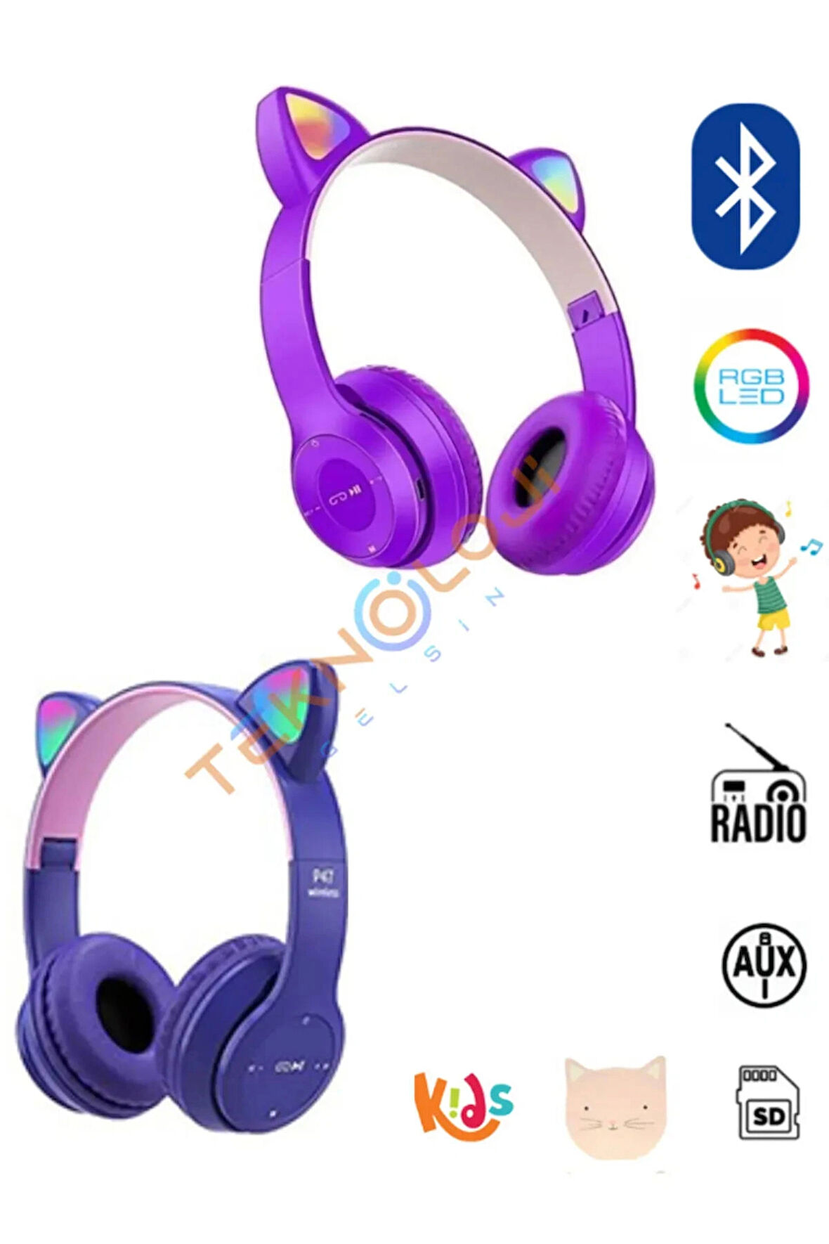 ARELL TEKNOLOJİ P47m Mor Sevimli Renkli Kedi Kulak Bluetooth Kulaklık