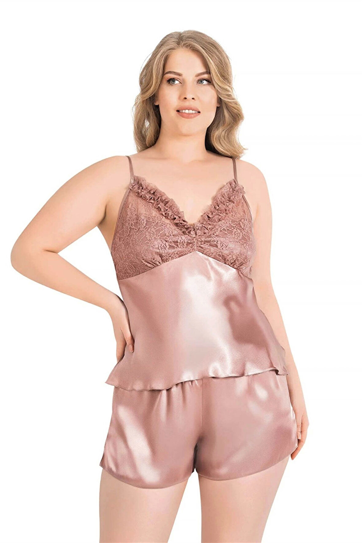 Aria's Closet Büyük Beden Vizon Saten Babydoll Şort Takımı