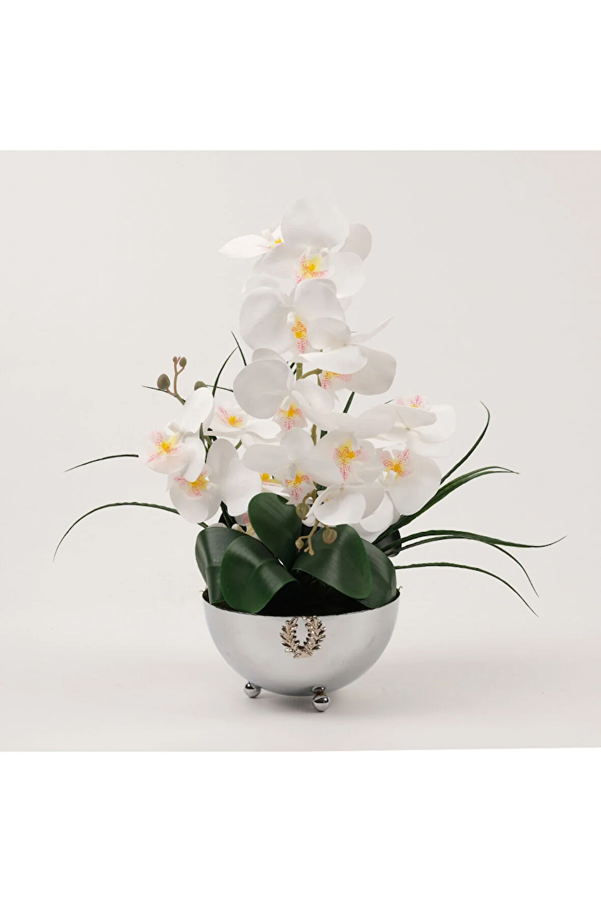 Yapay Orkideli Armalı Gümüş Vazo