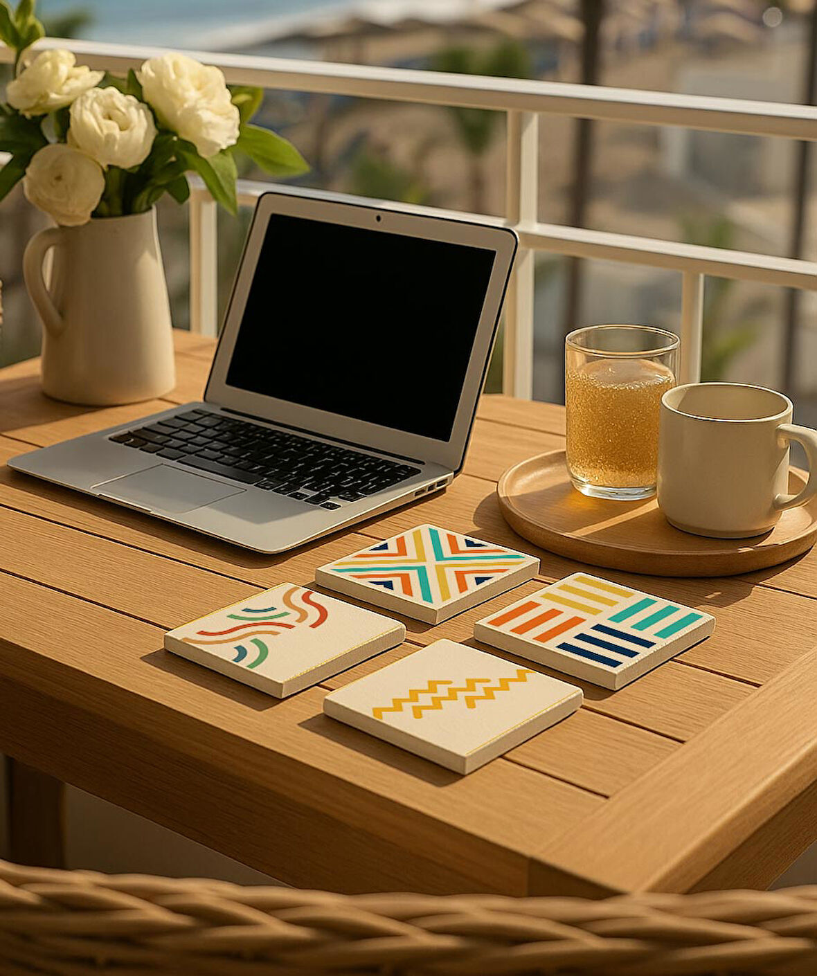Modern Geometrik Desenli Renkli Doğal Taş Bardak Altlığı 4’lü Set, Şık Masa Sunum Ürünü