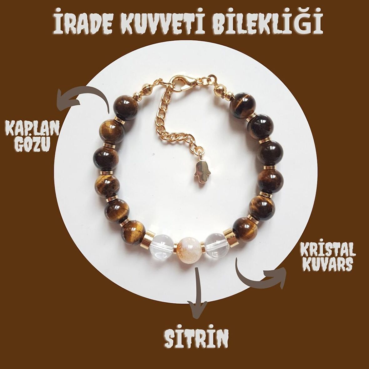 Artaril Doğal Taş Kadın İrade Kuvveti Bilekliği Kaplan Gözü Kristal Kuvars Sitrin 8 mm